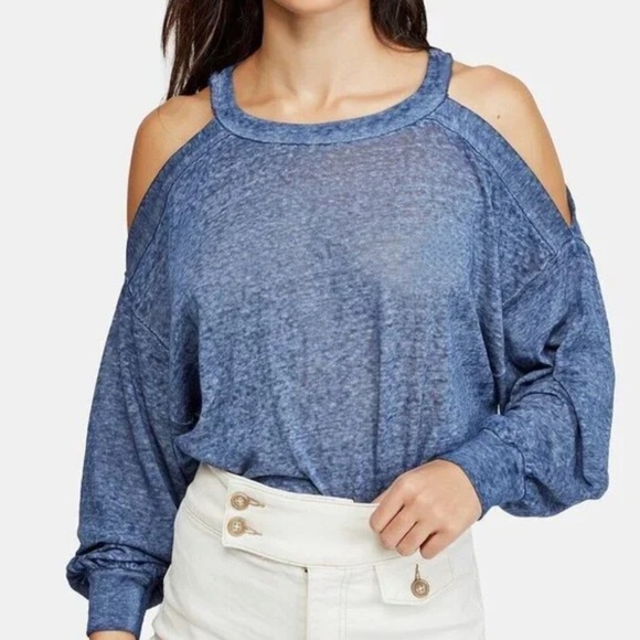 Free People We The Free Blue Burnout Chill Out Cold Shoulder Top M - Picture 1 of 5